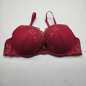 Ambrielle Women Bra 36D Red Floral Plunge Push Up Underwired Lace